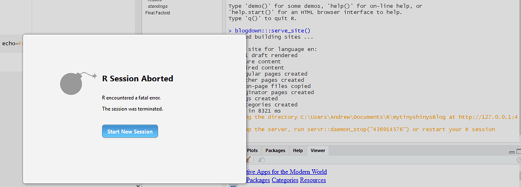 Blogdown serve-site() aborting R session - RStudio IDE - Posit Community