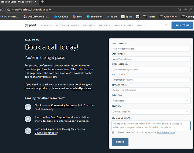 try Edge InPrivate window for Posit Talk To Us form Screenshot 2026-02-26 105609