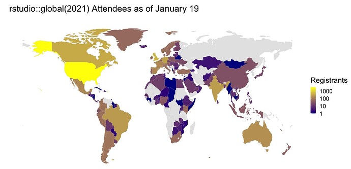 Map of rstudio::global(2021) registrants