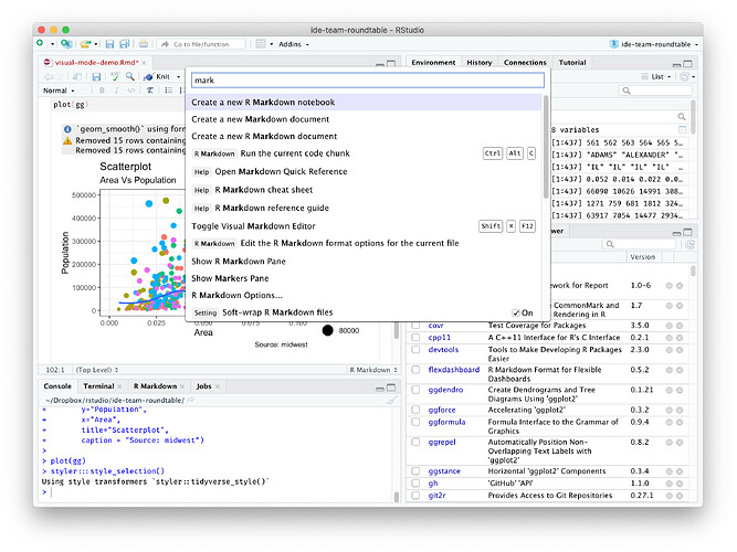 Screenshot of the RStudio IDE with the Command Palette open