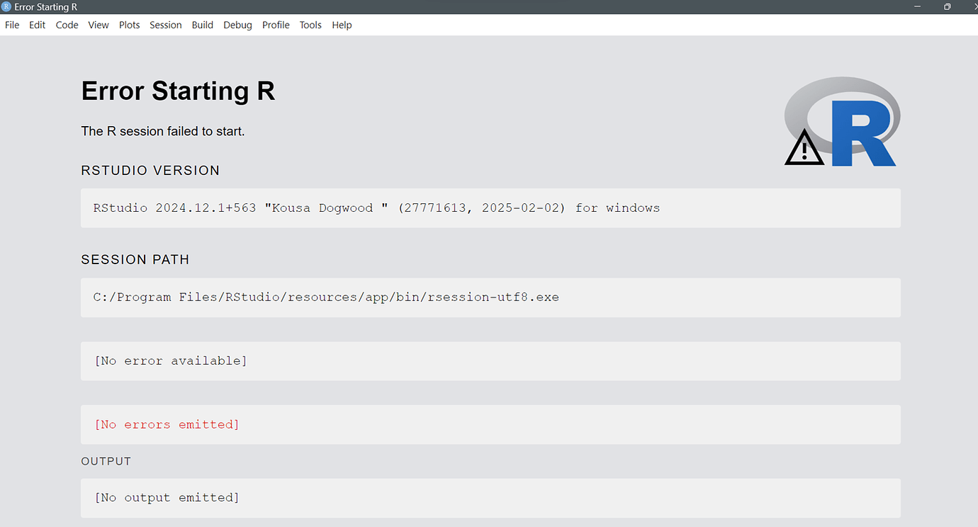 Error Starting R The R session failed to start. RSTUDIO VERSION RStudio ...