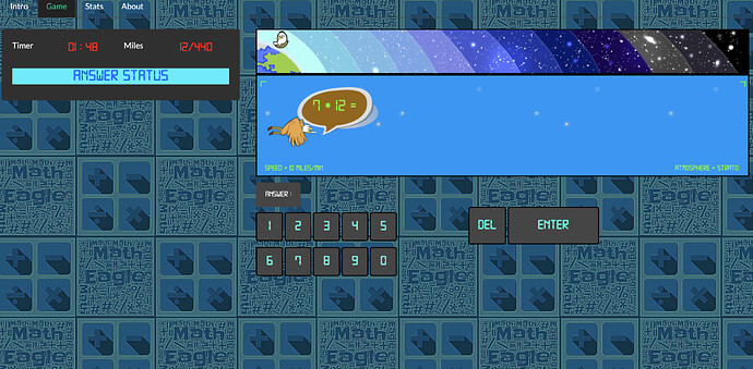 Screenshot of the Math Eagle Game. Sidebar shows the answer status and the main panel shows the game where the eagle flies across the screen and the user needs to guess the right answer to the math question for the eagle to keep flying.