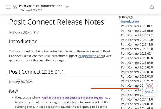 Ask AI button identified with a red arrow on the release notes page