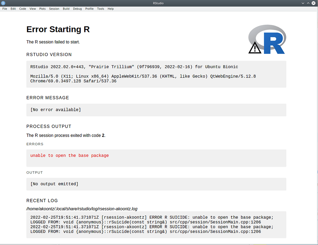 ERROR R SUICIDE: Unable To Open The Base Package - RStudio IDE - Posit ...