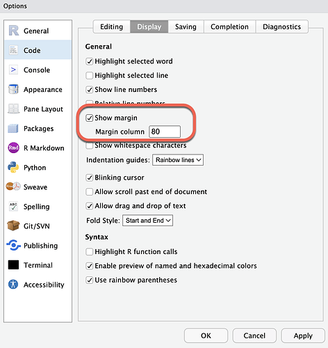 RStudio options pane with the display section of Code shown. A radio button with the words "Show margin" next to it is outlined in red.