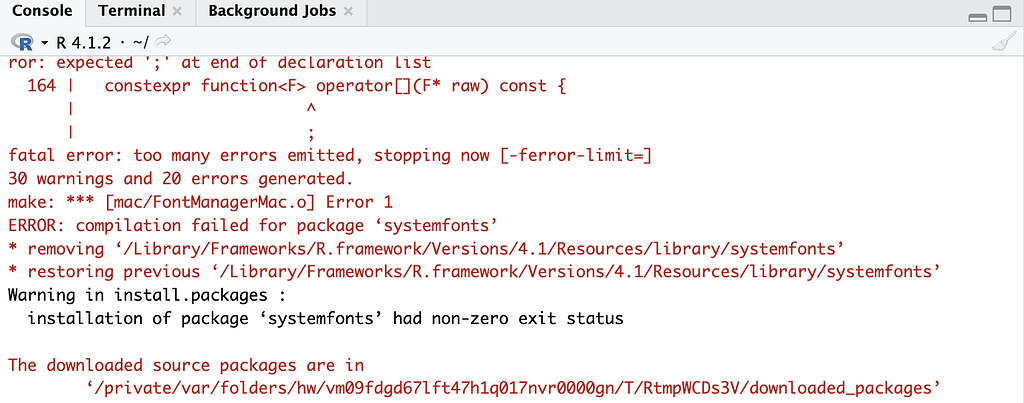 Packages (Magick, ragg, systemfonts, textshaping) fail to install in ...
