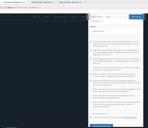 Posit subscription management not working firefox Screenshot 2026-02-24 160046