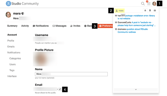 Dropdown to select user profile with username highlighted