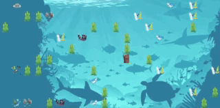 GIF of the Shark Attack app showing the diver swimming through the screen to collect trash.
